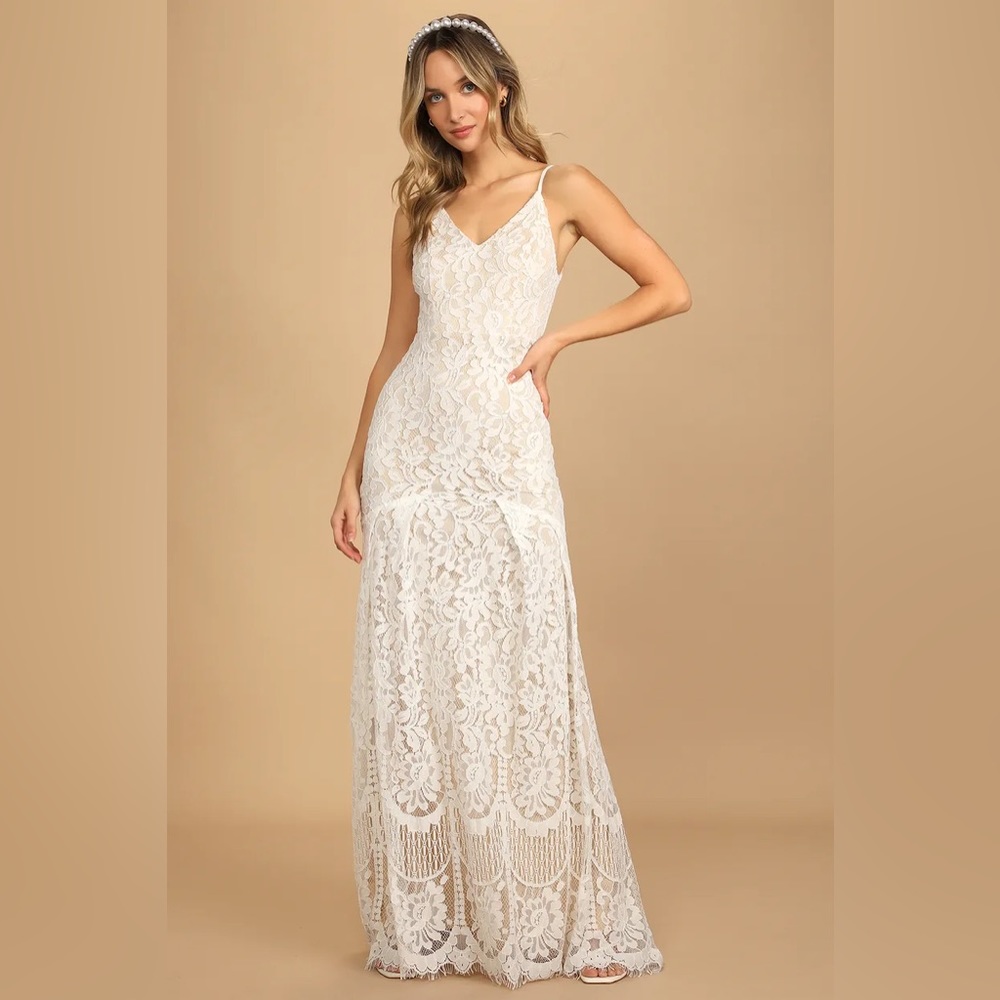 Never Worn New White Lace over Tan Boho/Beach Wedding Dress
